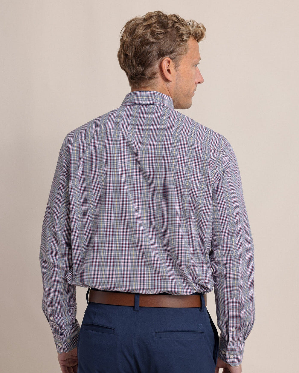 The back view of the Southern Tide Charleston Brunswick Plaid Long Sleeve Sport Shirt - Muscadine