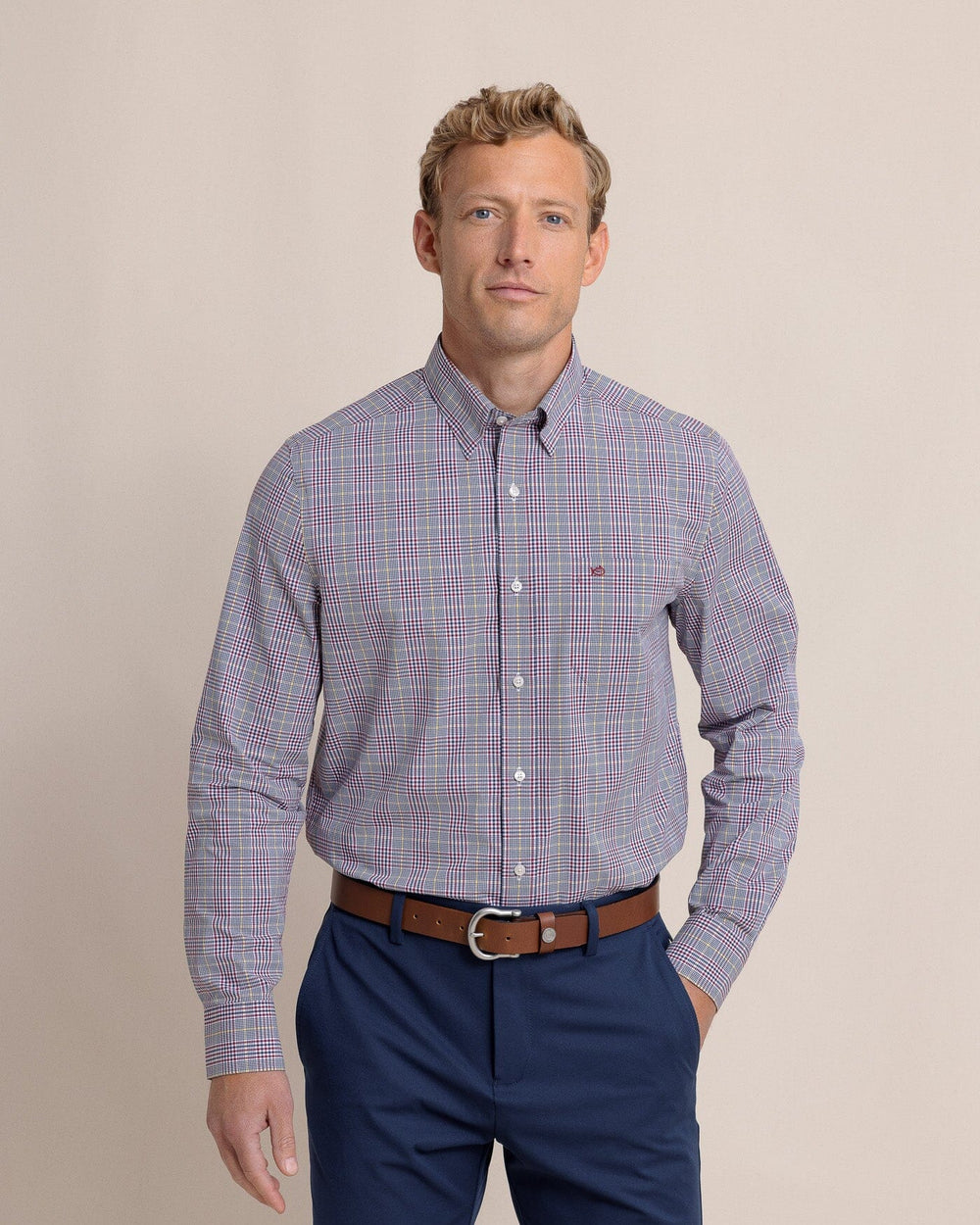 The front view of the Southern Tide Charleston Brunswick Plaid Long Sleeve Sport Shirt - Muscadine