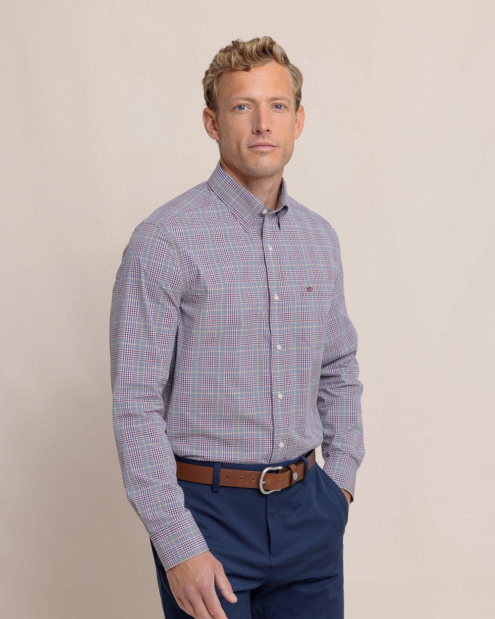 The front view of the Southern Tide Charleston Brunswick Plaid Long Sleeve Sport Shirt - Muscadine