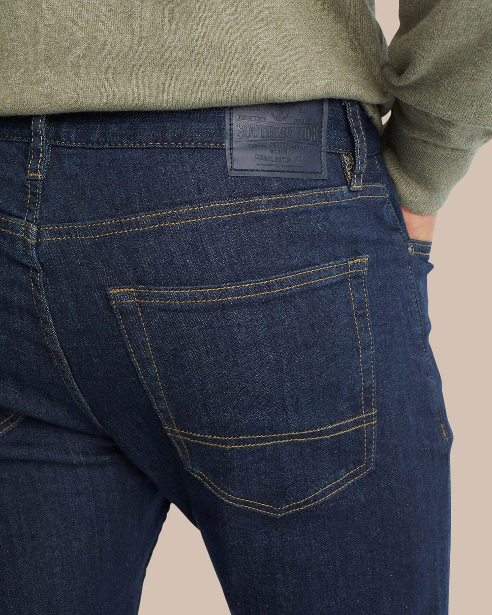 The pocket view of the Men's Blue Denim Charleston Denim Jeans by Southern Tide - Rinse