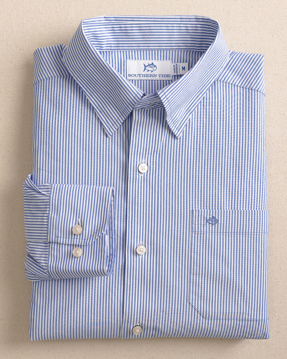 The front view of the Southern Tide Charleston Granby Stripe Embroidered Sport Shirt by Southern Tide - Cobalt Blue