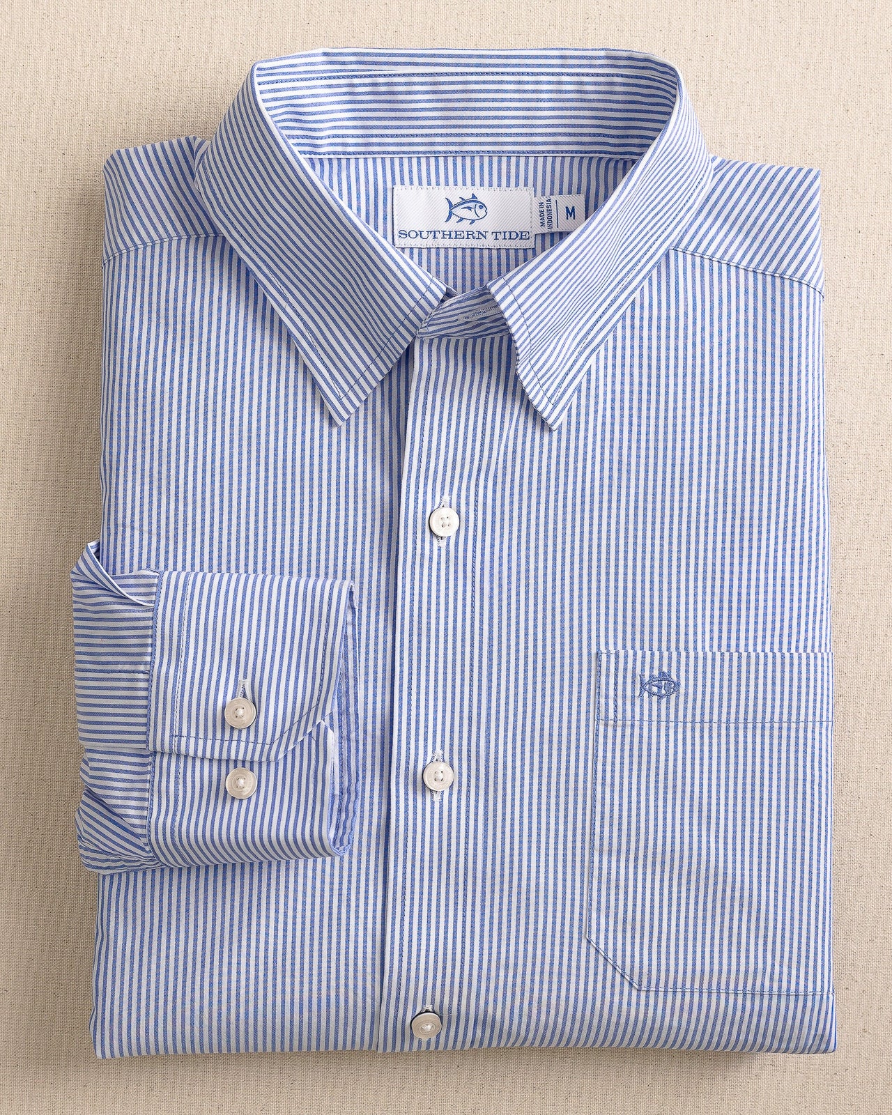 The front view of the Southern Tide Charleston Granby Stripe Embroidered Sport Shirt by Southern Tide - Cobalt Blue
