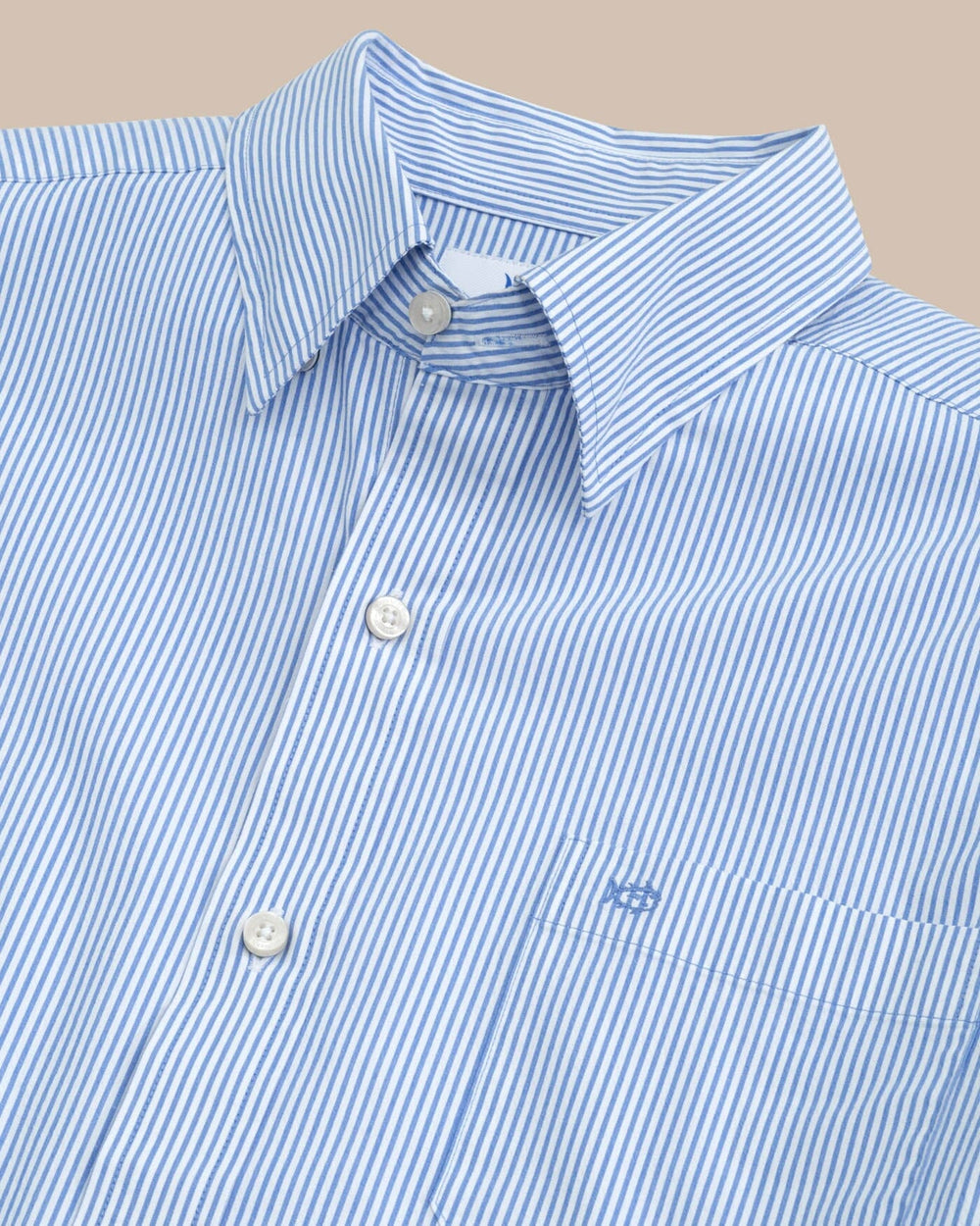 The detail view of the Southern Tide Charleston Granby Stripe Long Sleeve Sport Shirt by Southern Tide - Cobalt Blue
