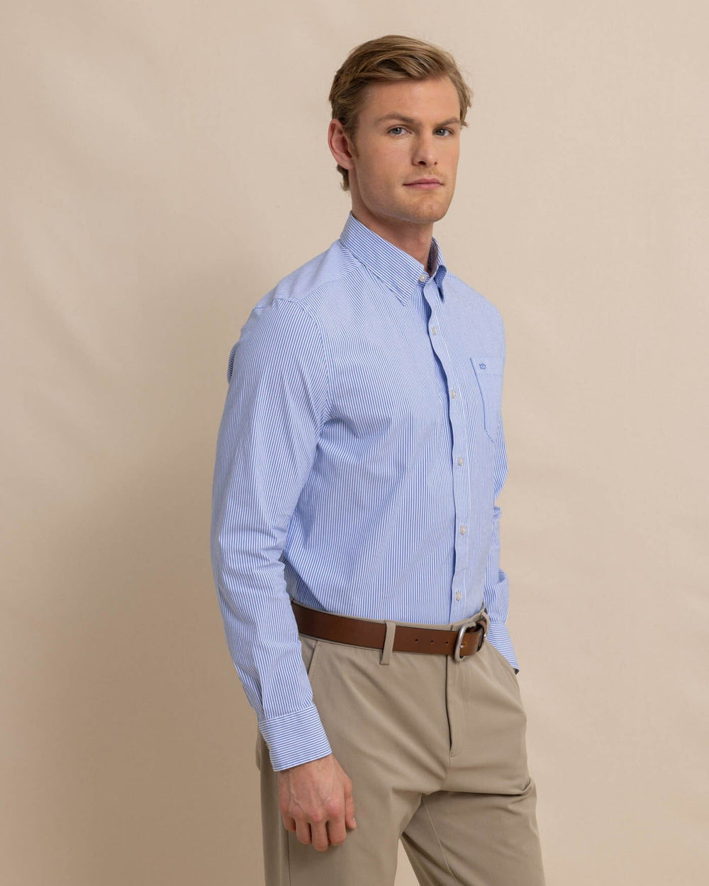 The front view of the Southern Tide Charleston Granby Stripe Long Sleeve Sport Shirt by Southern Tide - Cobalt Blue