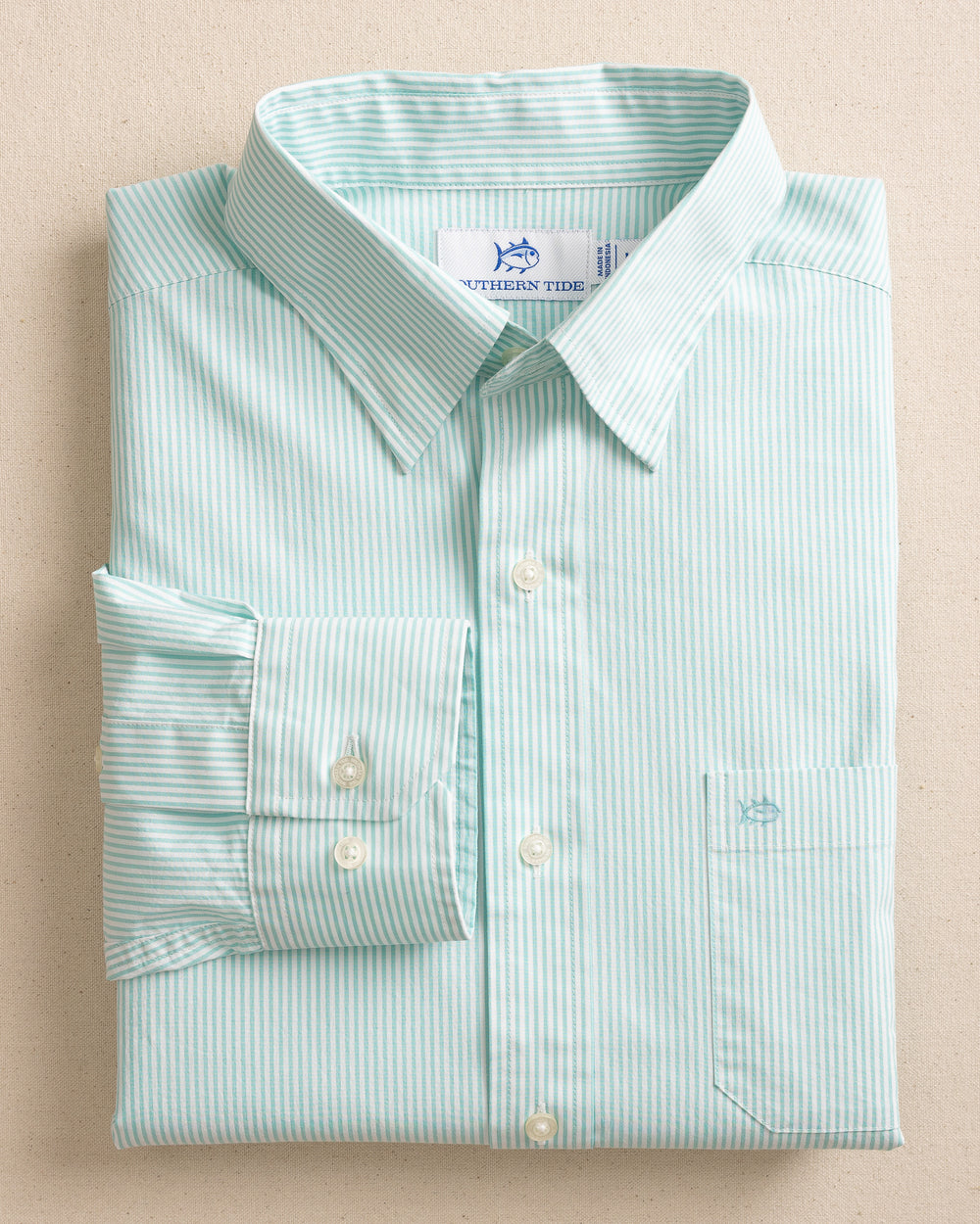 The front view of the Southern Tide Charleston Granby Stripe Long Sleeve Sport Shirt by Southern Tide - Mint