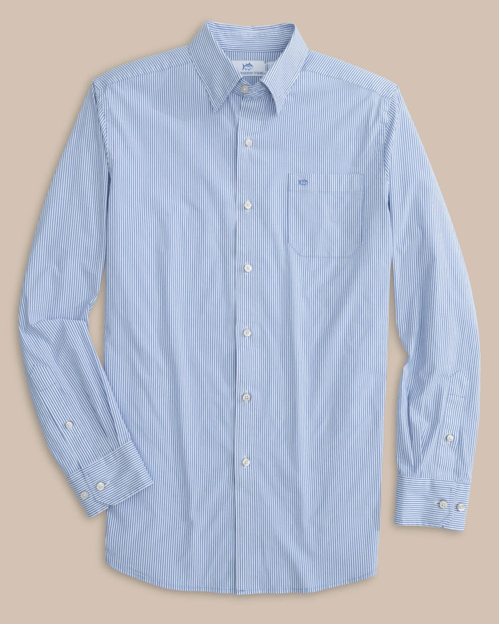 The front view of the Southern Tide Charleston Granby Stripe Long Sleeve Sport Shirt by Southern Tide - Cobalt Blue