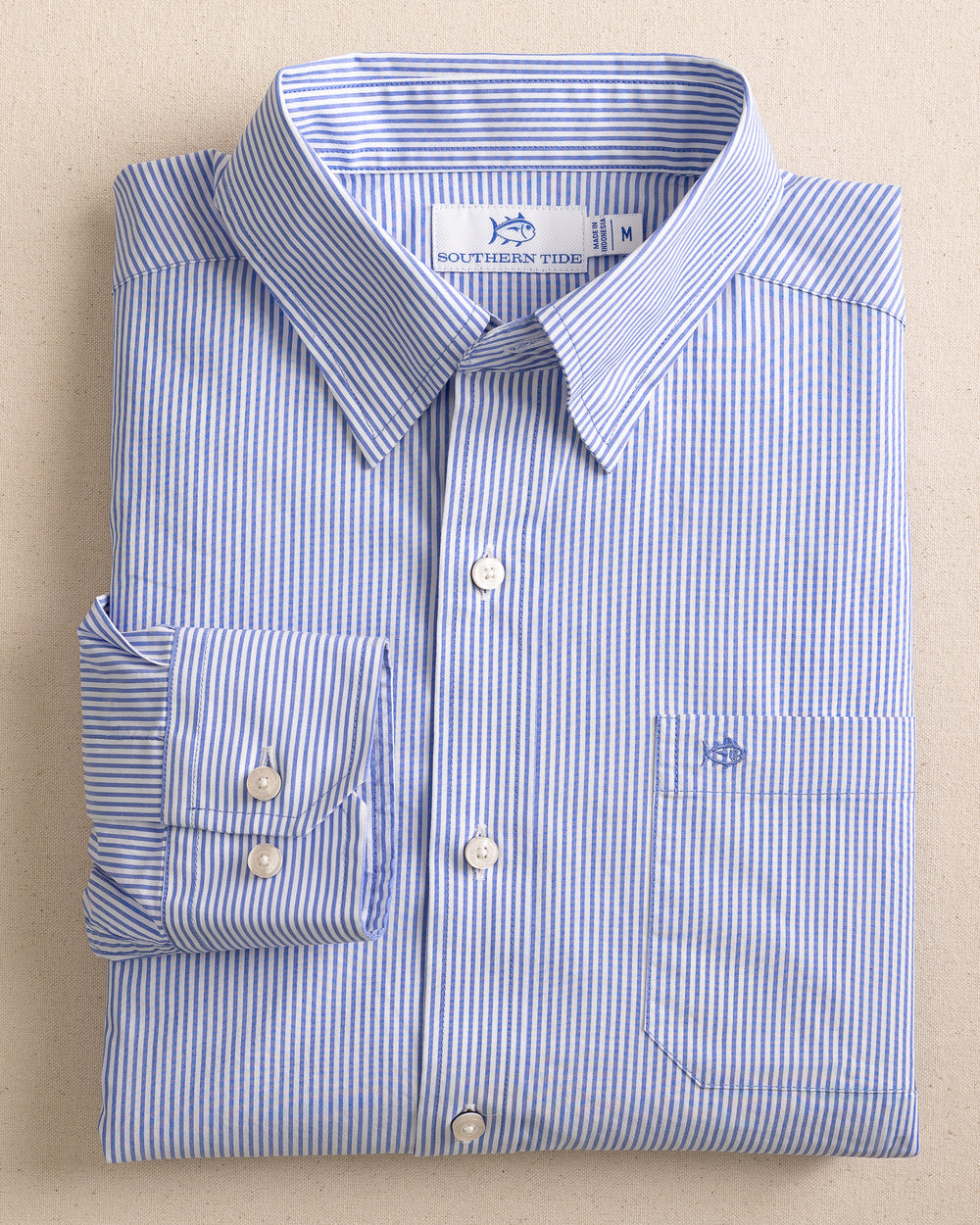 The front view of the Southern Tide Charleston Granby Stripe Long Sleeve Sport Shirt by Southern Tide - Cobalt Blue