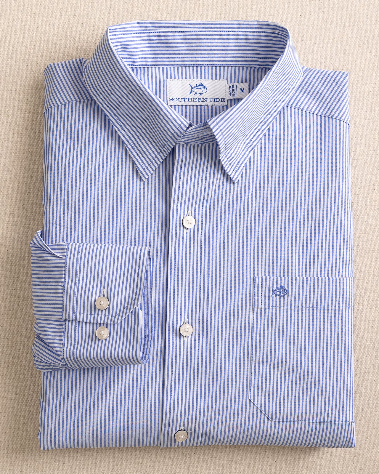 The front view of the Southern Tide Charleston Granby Stripe Long Sleeve Sport Shirt by Southern Tide - Cobalt Blue