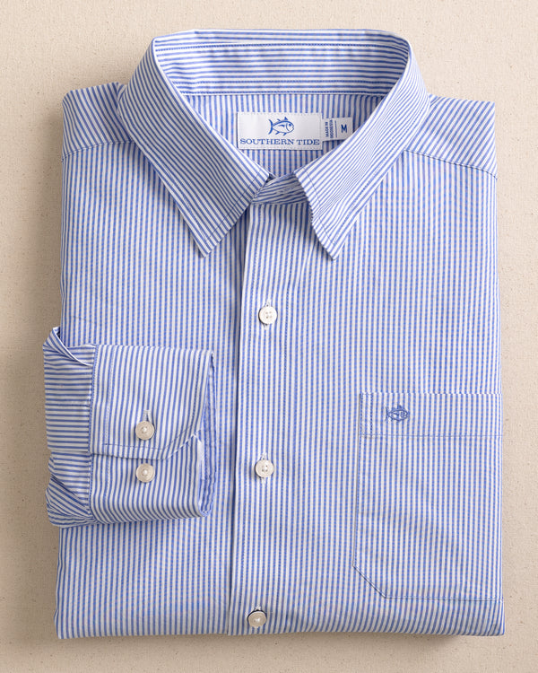 The front view of the Southern Tide Charleston Granby Stripe Long Sleeve Sport Shirt by Southern Tide - Cobalt Blue