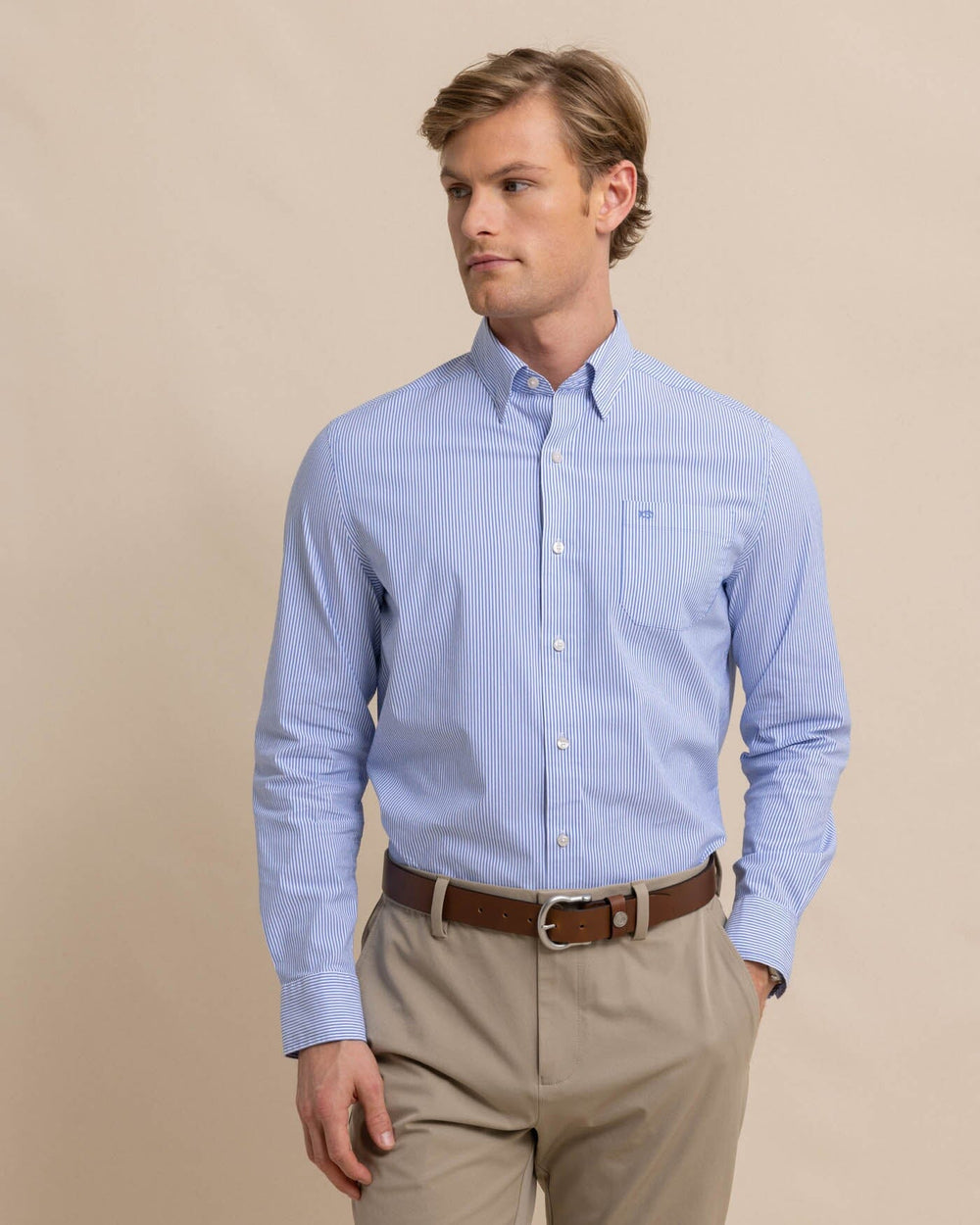 The front view of the Southern Tide Charleston Granby Stripe Long Sleeve Sport Shirt by Southern Tide - Cobalt Blue