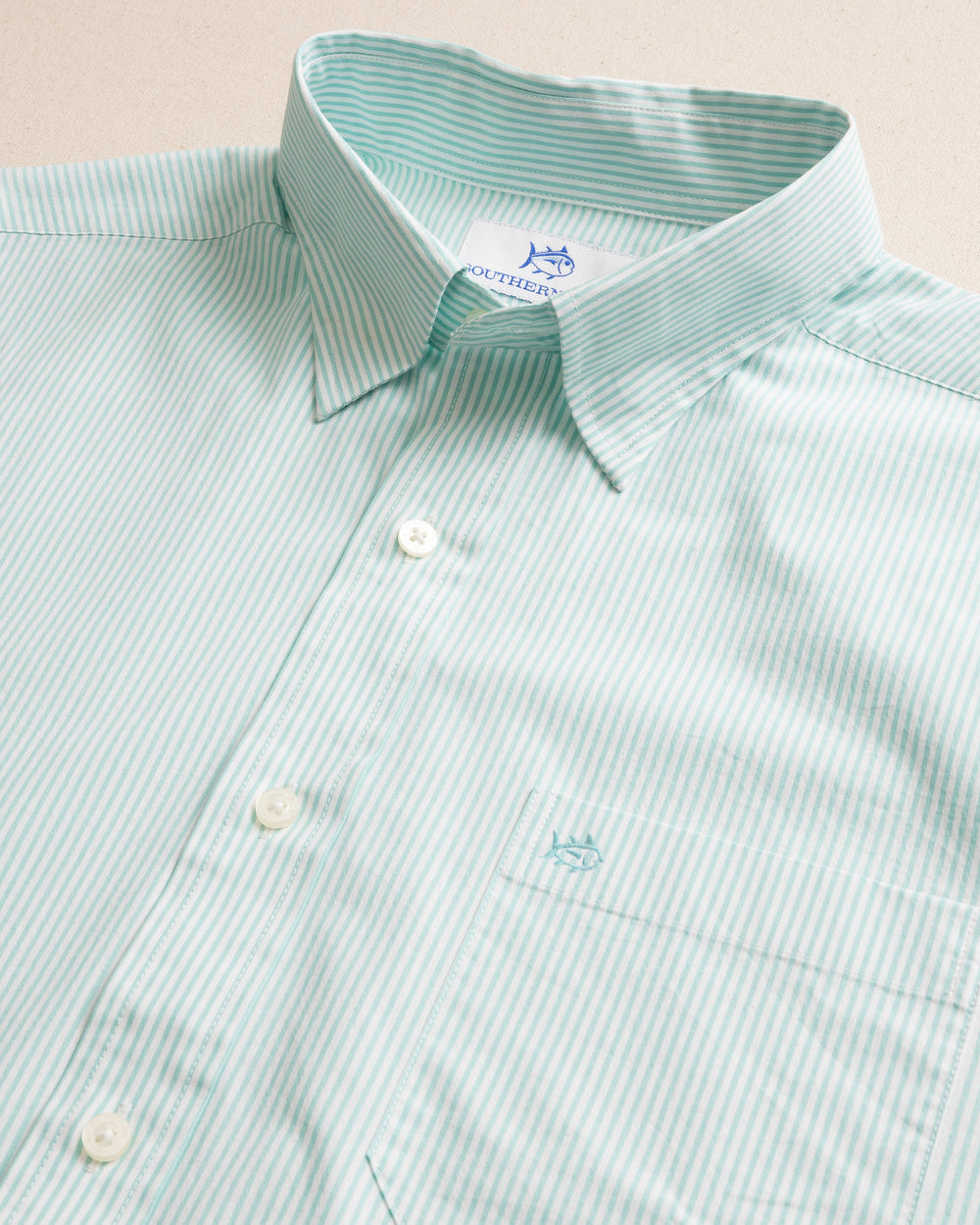 The detail view of the Southern Tide Charleston Granby Stripe Long Sleeve Sport Shirt by Southern Tide - Mint