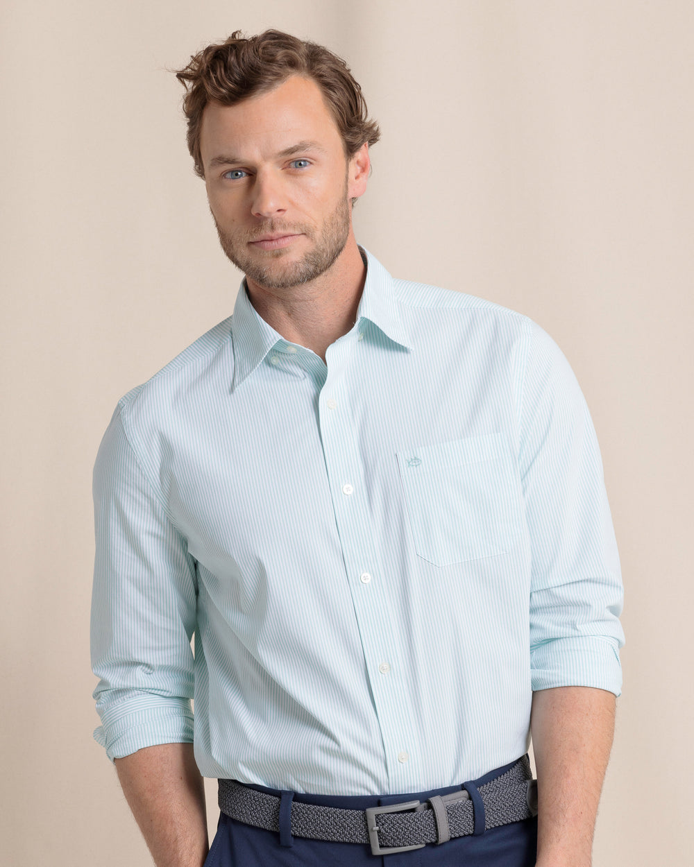 The front view of the Southern Tide Charleston Granby Stripe Long Sleeve Sport Shirt by Southern Tide - Mint
