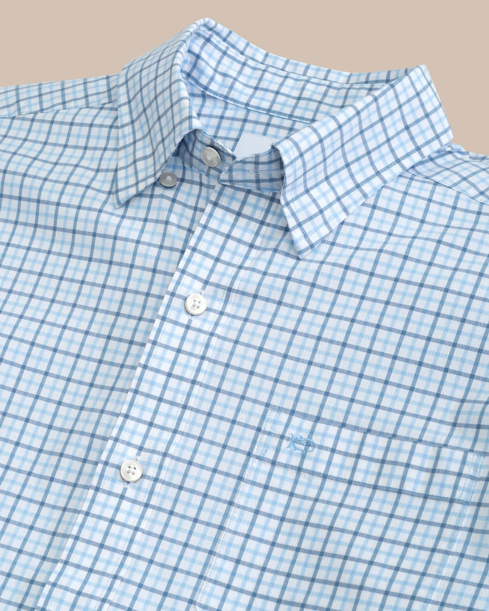The detail view of the Southern Tide Charleston Larkin Check Long Sleeve Sport Shirt by Southern Tide - Clearwater Blue