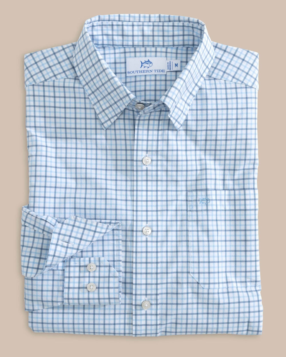 The front view of the Southern Tide Charleston Larkin Check Long Sleeve Sport Shirt by Southern Tide - Clearwater Blue
