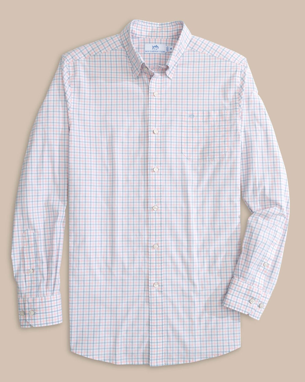 The detail view of the Southern Tide Charleston Larkin Check Long Sleeve Sport Shirt by Southern Tide - Pale Rosette Pink