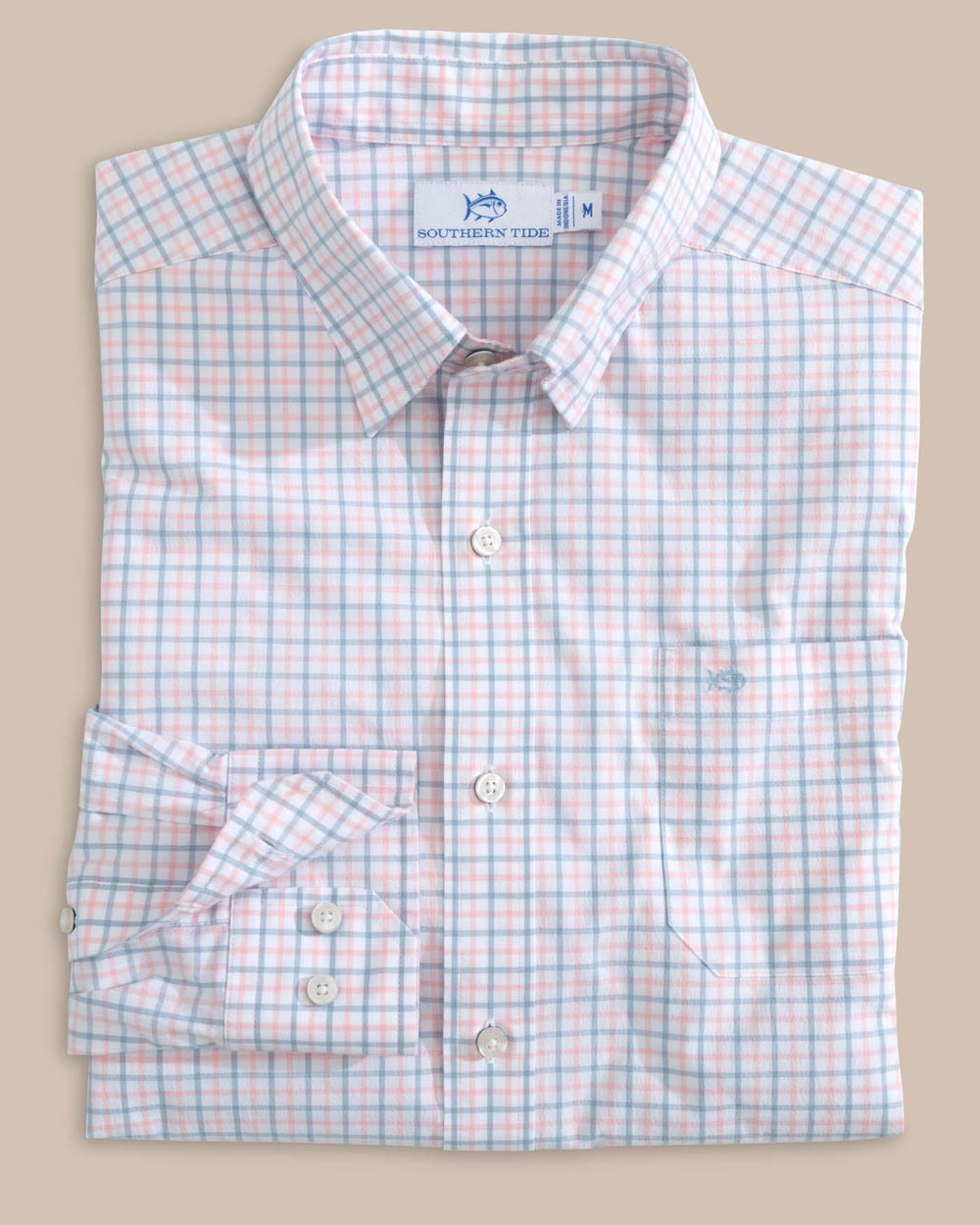 The front view of the Southern Tide Charleston Larkin Check Long Sleeve Sport Shirt by Southern Tide - Pale Rosette Pink