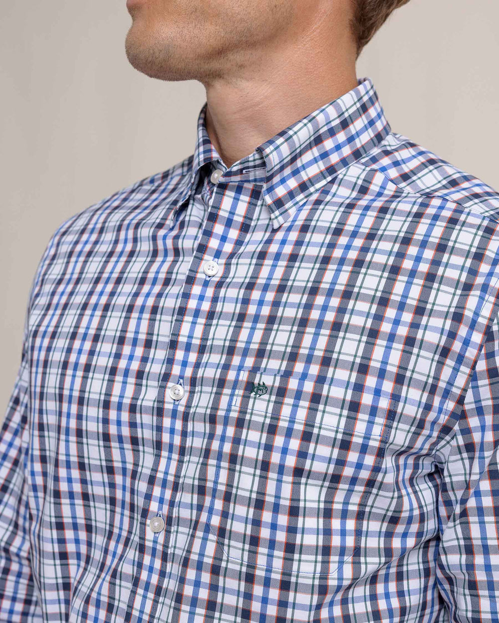 The detail view of the Southern Tide Charleston Master Plaid Long Sleeve Sport Shirt by Southern Tide - Blue Lolite