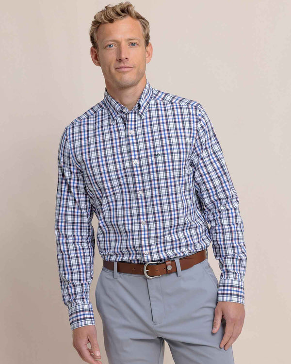 The front view of the Southern Tide Charleston Master Plaid Long Sleeve Sport Shirt by Southern Tide - Blue Lolite