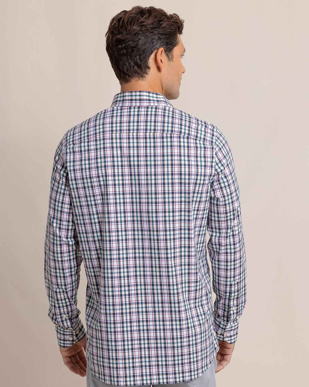 The back view of the Southern Tide Charleston Master Plaid Long Sleeve Sport Shirt by Southern Tide - Forest Biome