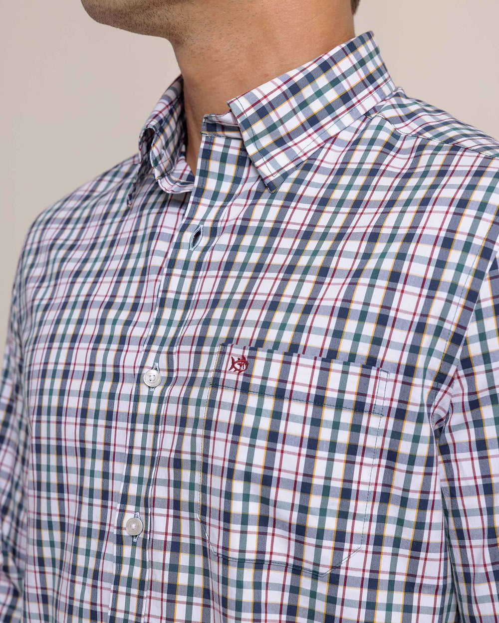 The detail view of the Southern Tide Charleston Master Plaid Long Sleeve Sport Shirt by Southern Tide - Forest Biome