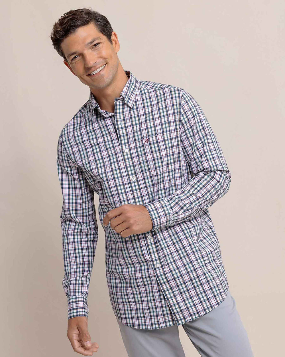 The front view of the Southern Tide Charleston Master Plaid Long Sleeve Sport Shirt by Southern Tide - Forest Biome