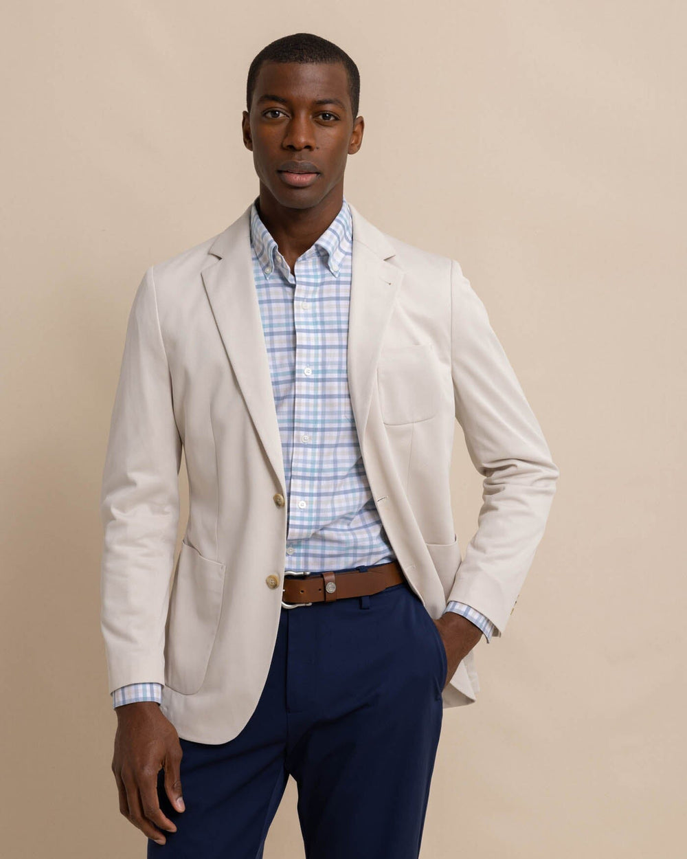 The front view of the Southern Tide charleston-navy-blazer by Southern Tide - Perfectly Pale Khaki