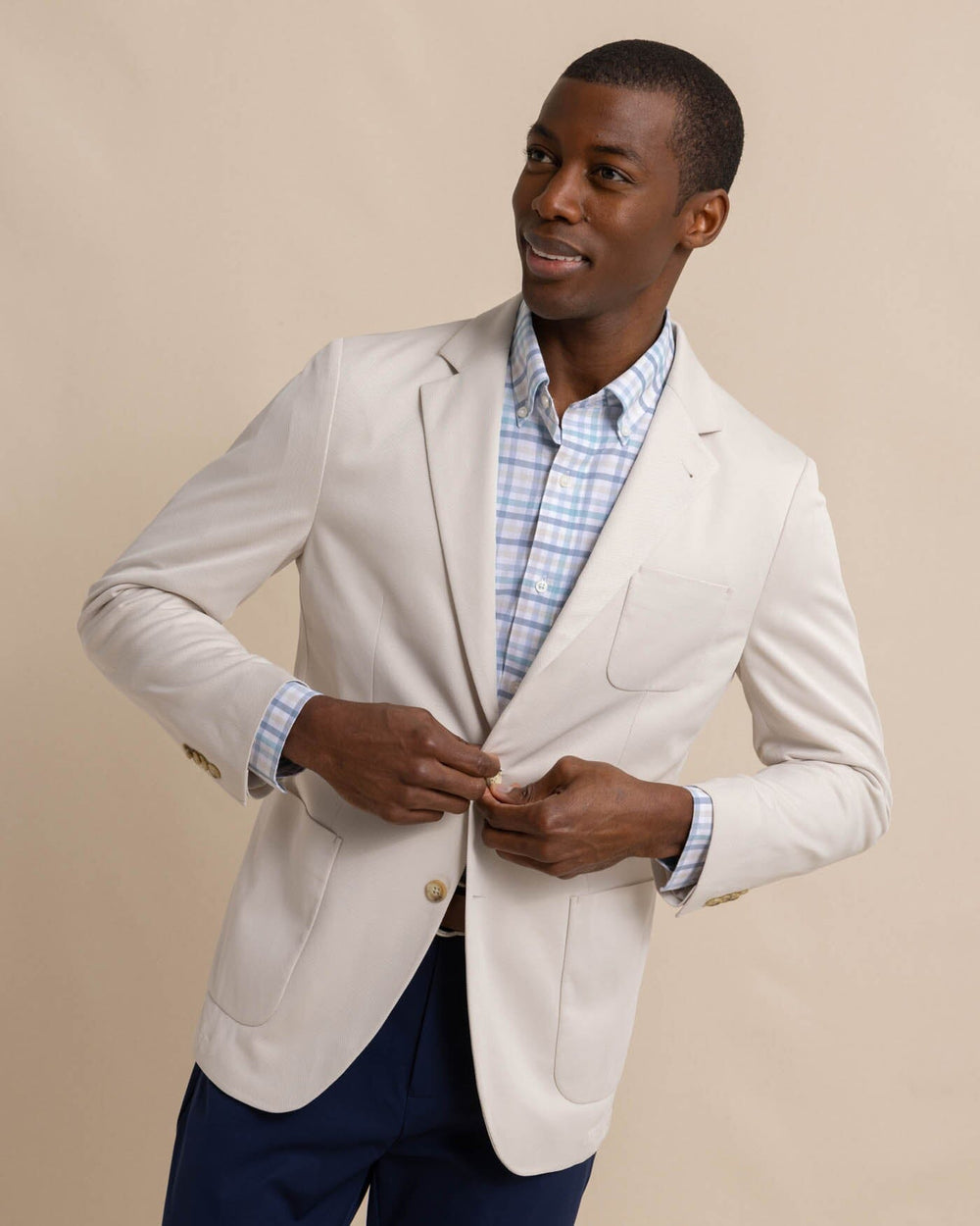 The front view of the Southern Tide charleston-navy-blazer by Southern Tide - Perfectly Pale Khaki