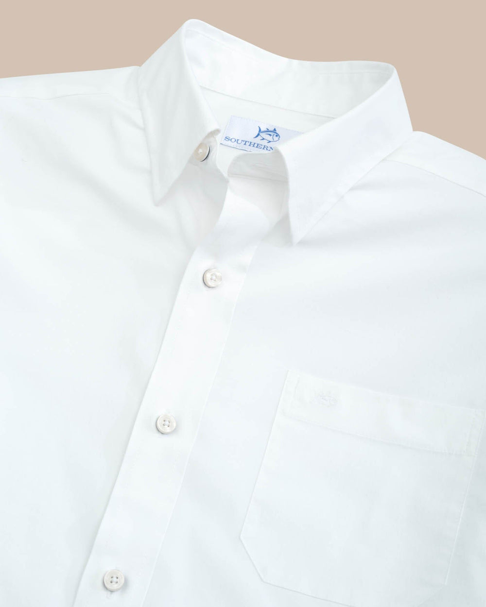 The detail view of the Southern Tide Charleston Overbrook Solid Long Sleeve Sport Shirt by Southern Tide - Classic White