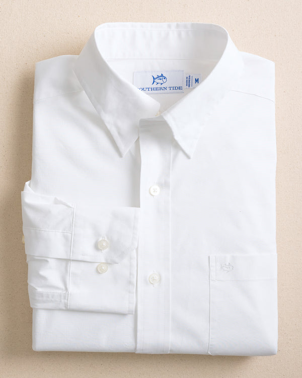 The front view of the Southern Tide Charleston Overbrook Solid Long Sleeve Sport Shirt by Southern Tide - Classic White