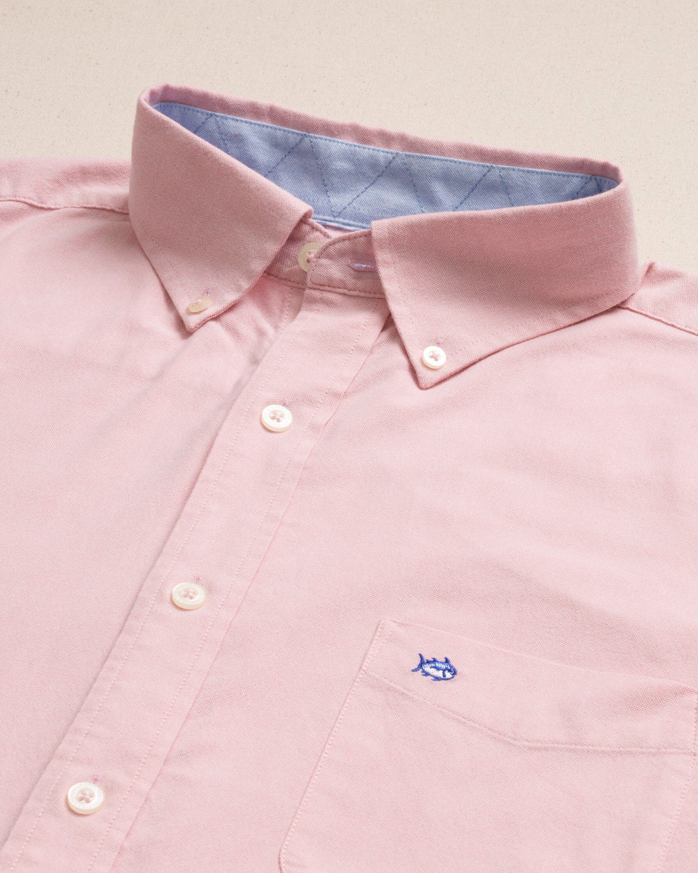 The detail view of the Southern Tide Charleston Oxford Solid Sport Shirt by Southern Tide - Sea Pink