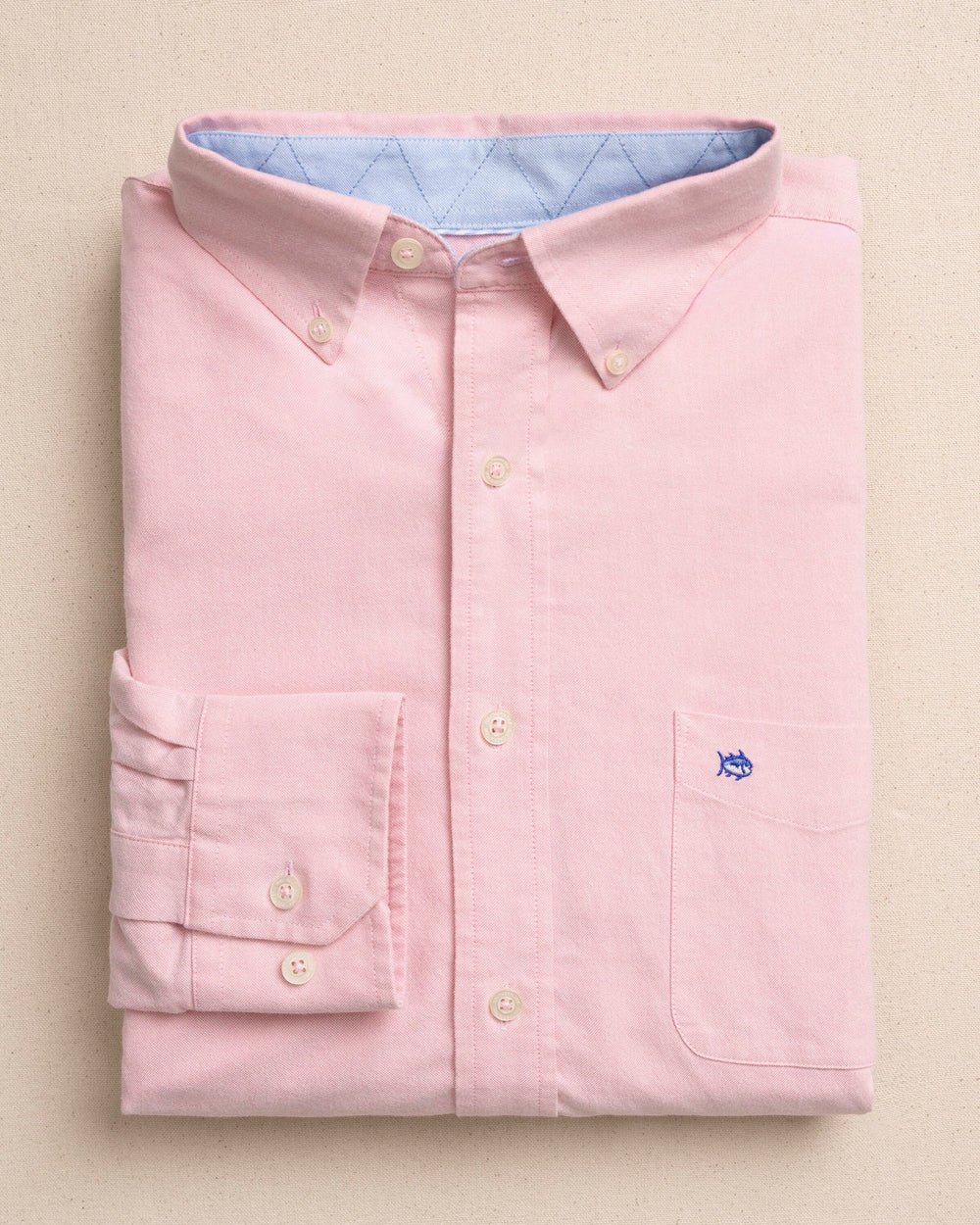The front view of the Southern Tide Charleston Oxford Solid Sport Shirt by Southern Tide - Sea Pink