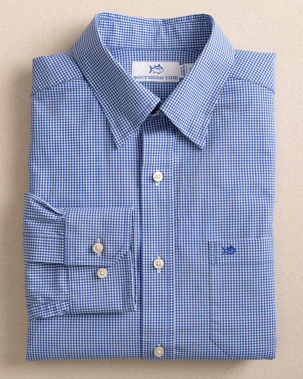 The front view of the Southern Tide Charleston Parkwood Microgingham Long Sleeve Sport Shirt by Southern Tide - Cobalt Blue