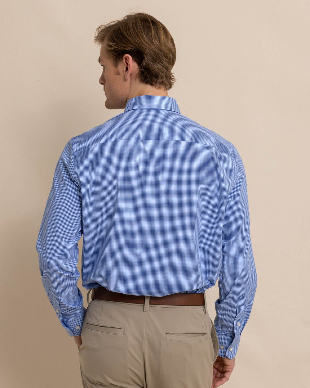 The back view of the Southern Tide Charleston Parkwood Microgingham Long Sleeve Sport Shirt by Southern Tide - Cobalt Blue