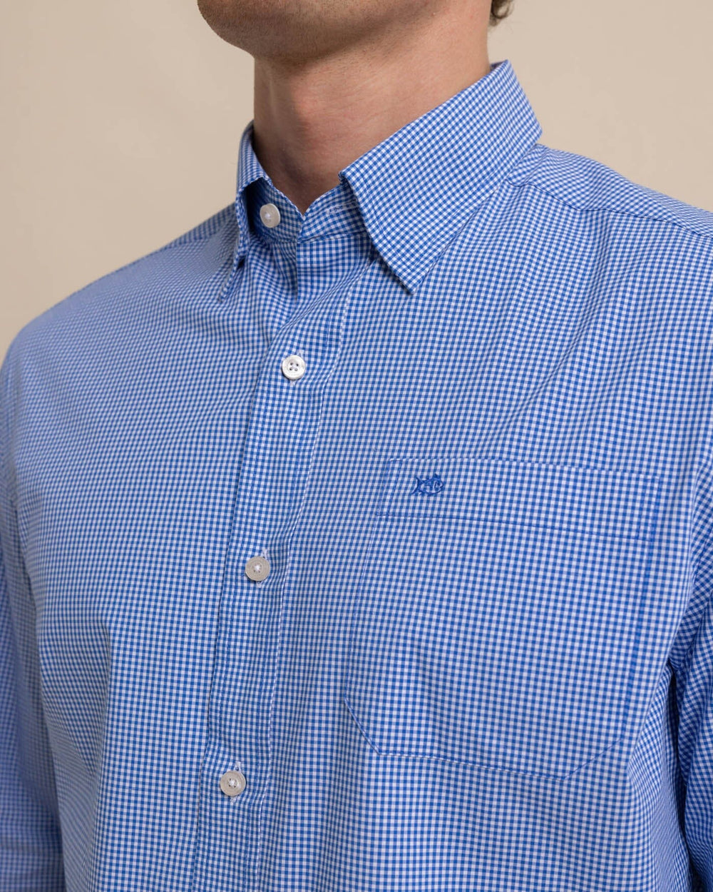 The detail view of the Southern Tide Charleston Parkwood Microgingham Long Sleeve Sport Shirt by Southern Tide - Cobalt Blue