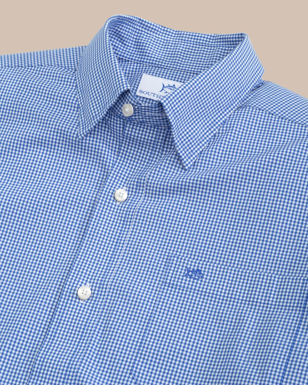 The detail view of the Southern Tide Charleston Parkwood Microgingham Long Sleeve Sport Shirt by Southern Tide - Cobalt Blue