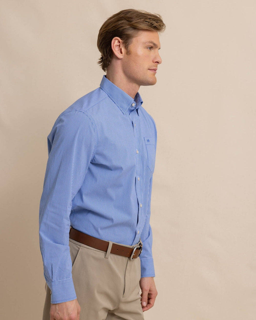 The front view of the Southern Tide Charleston Parkwood Microgingham Long Sleeve Sport Shirt by Southern Tide - Cobalt Blue