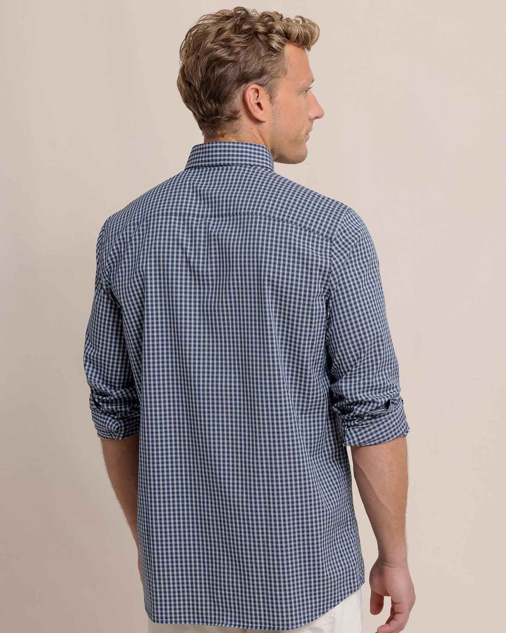 The back view of the Southern Tide Charleston Pender Plaid Long Sleeve Sport Shirt by Southern Tide - Dress Blue