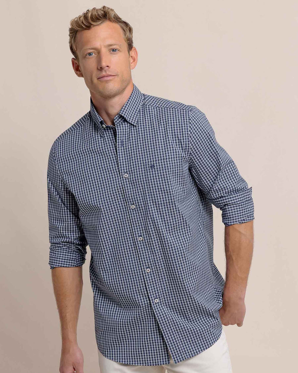 The front view of the Southern Tide Charleston Pender Plaid Long Sleeve Sport Shirt by Southern Tide - Dress Blue