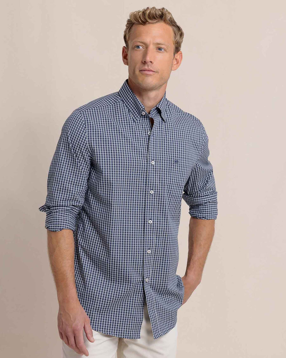 The side view of the Southern Tide Charleston Pender Plaid Long Sleeve Sport Shirt by Southern Tide - Dress Blue