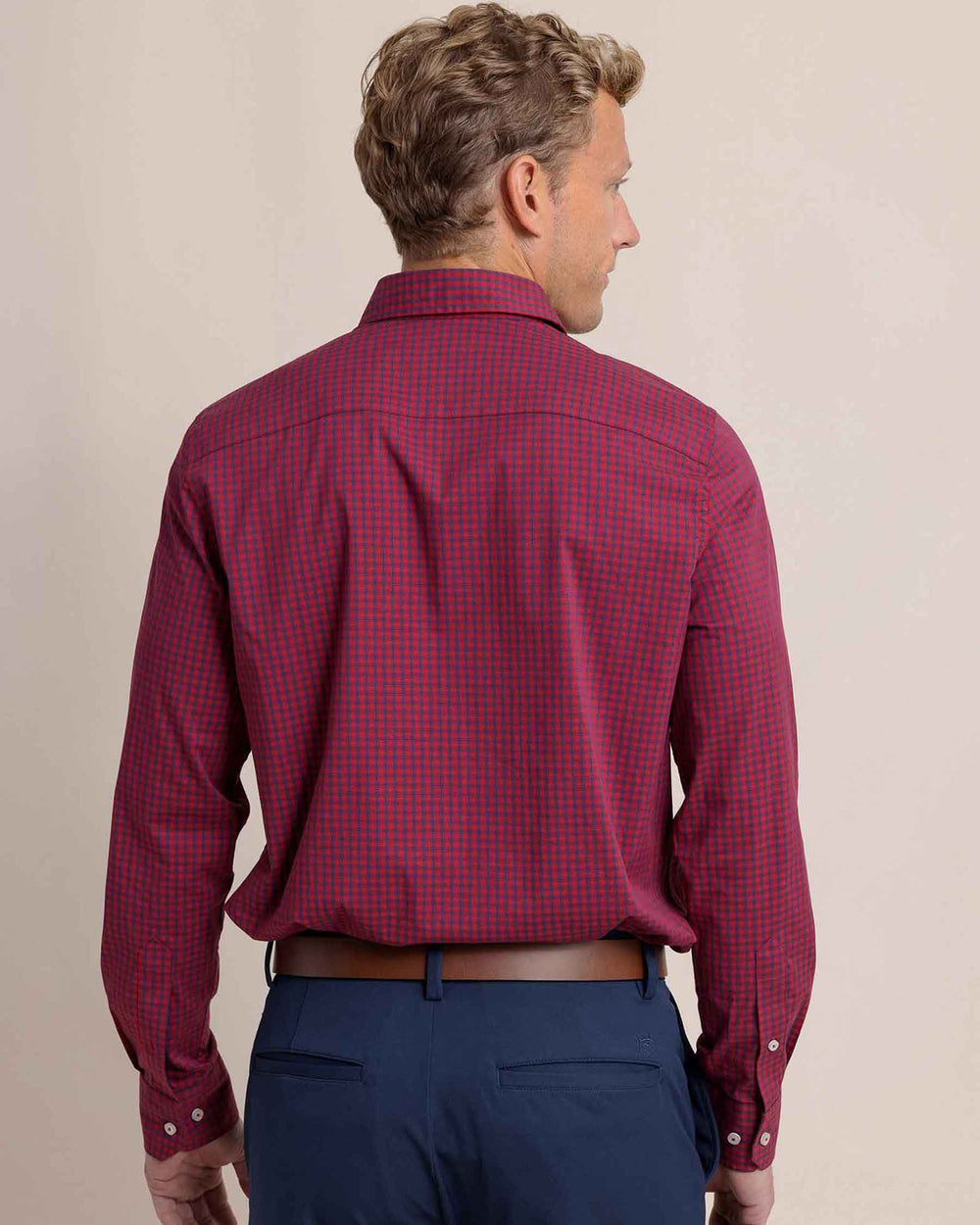 The back view of the Southern Tide Charleston Pender Plaid Long Sleeve Sport Shirt by Southern Tide - Rio Red