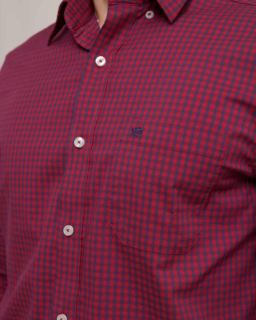 The detail view of the Southern Tide Charleston Pender Plaid Long Sleeve Sport Shirt by Southern Tide - Rio Red