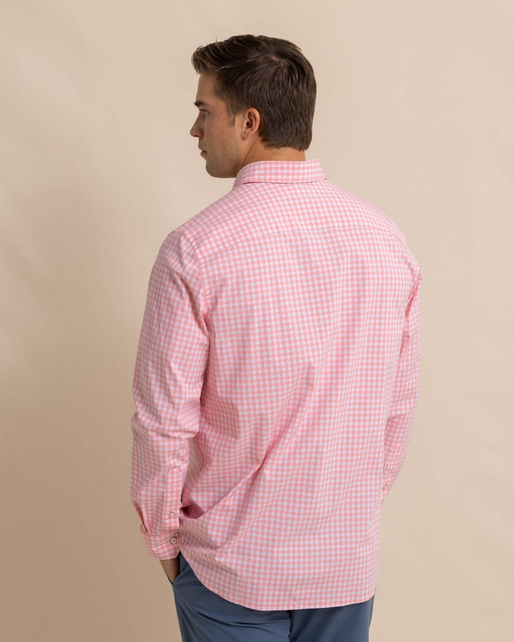 The back view of the Southern Tide Charleston Roanoke Check Long Sleeve Sport Shirt by Southern Tide - Flamingo Pink