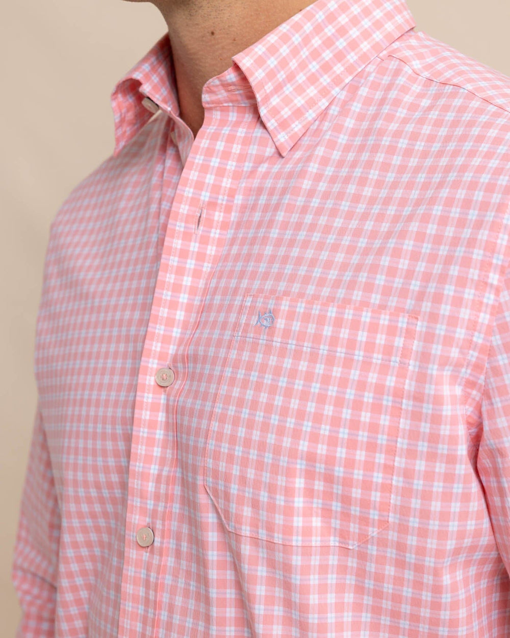 The detail view of the Southern Tide Charleston Roanoke Check Long Sleeve Sport Shirt by Southern Tide - Flamingo Pink