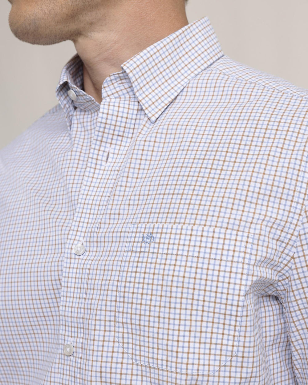 The detail view of the Southern Tide Charleston Summerton Plaid Sport Shirt by Southern Tide - Ash Blue