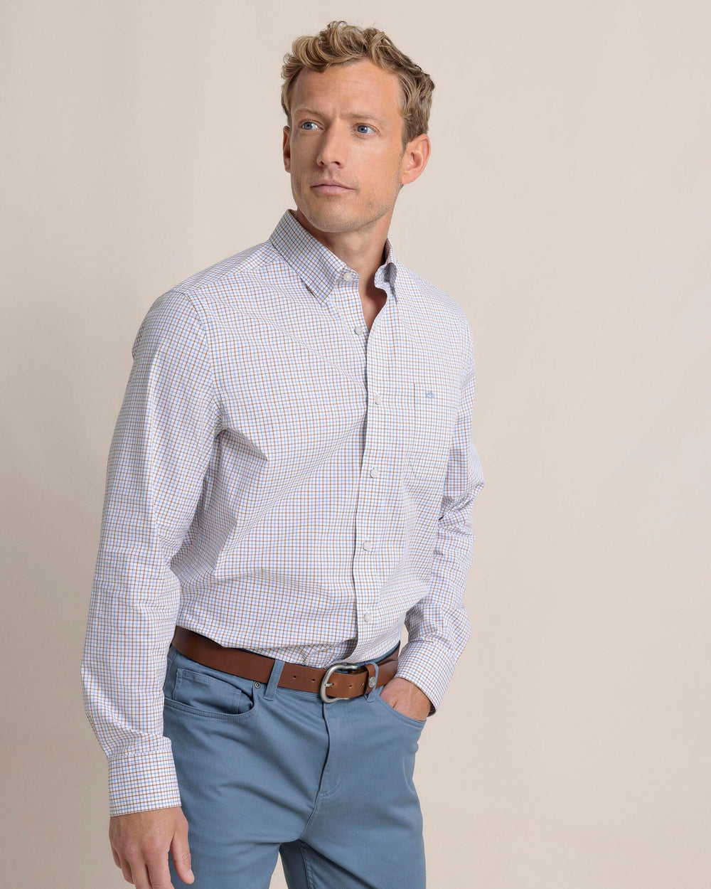 The front view of the Southern Tide Charleston Summerton Plaid Sport Shirt by Southern Tide - Ash Blue