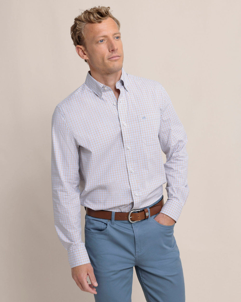 The front view of the Southern Tide Charleston Summerton Plaid Sport Shirt by Southern Tide - Ash Blue