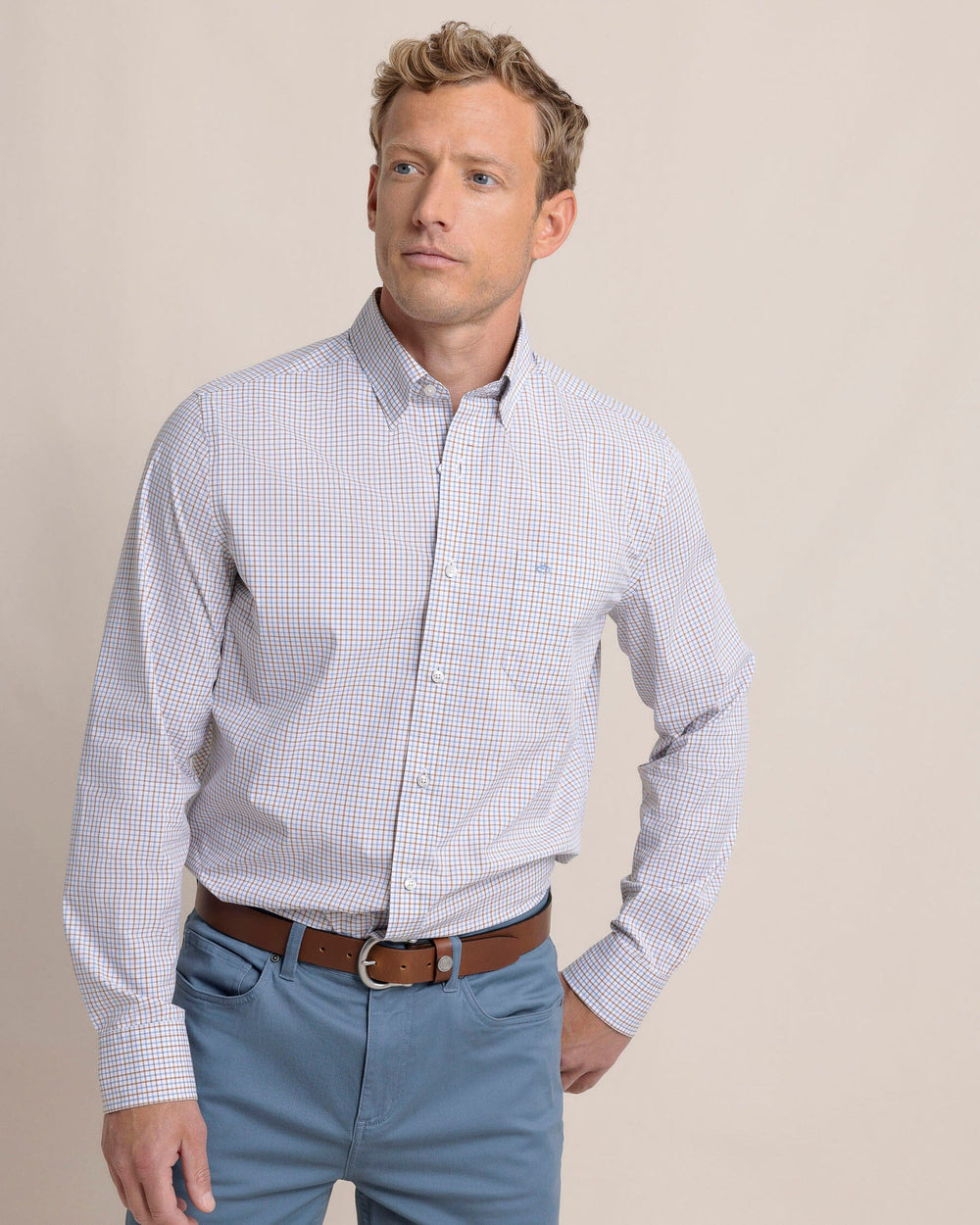 The front view of the Southern Tide Charleston Summerton Plaid Sport Shirt by Southern Tide - Ash Blue