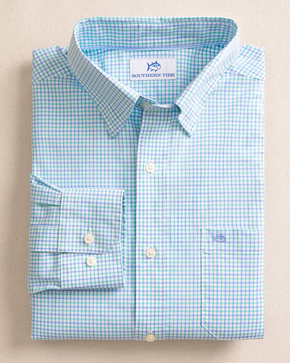 The front view of the Southern Tide Charleston Summerton Plaid Sport Shirt by Southern Tide - Turtle Green
