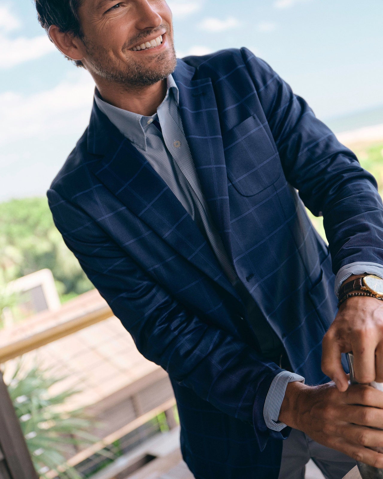 The lifestyle view of the Southern Tide Charleston Windowpane Blazer by Southern Tide - Nautical Blue