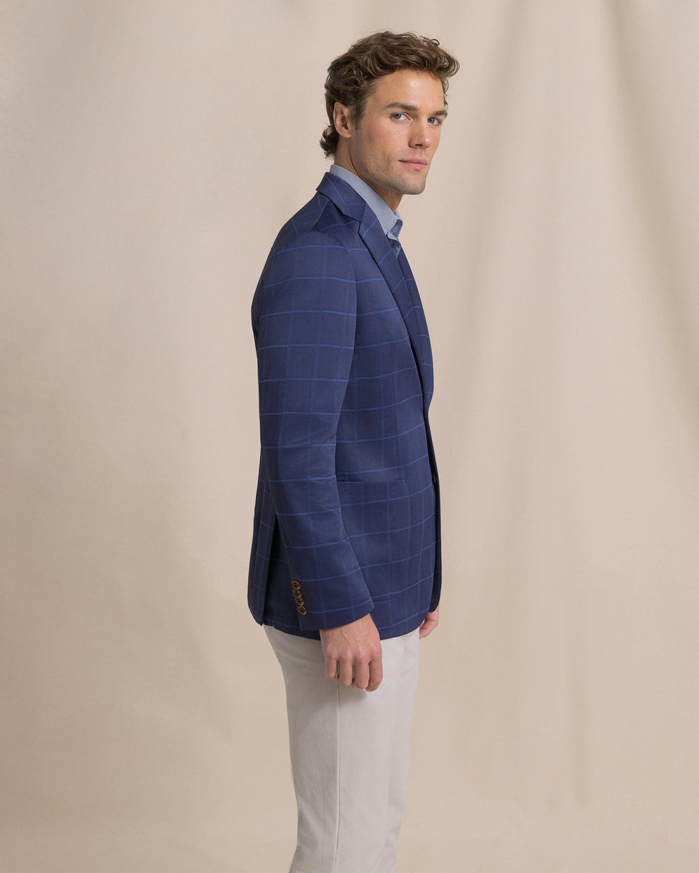 The side view of the Southern Tide Charleston Windowpane Blazer by Southern Tide - Nautical Blue